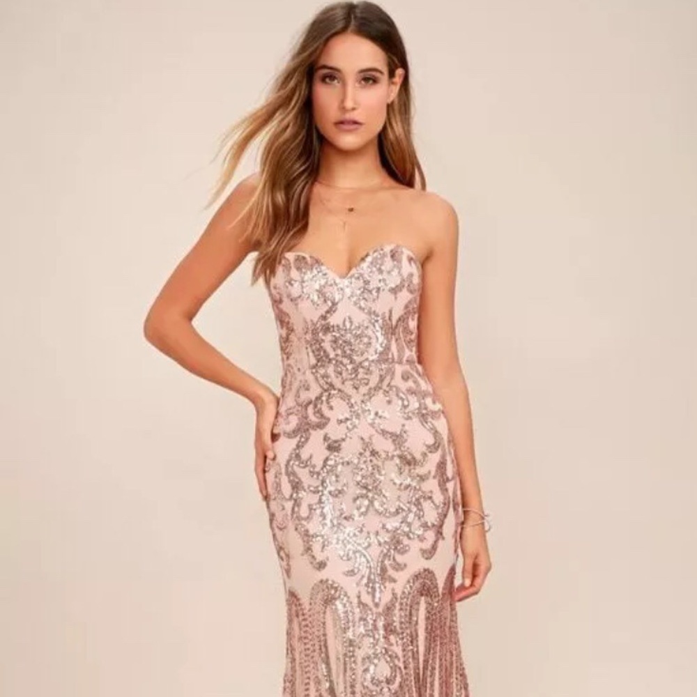 REBECCA ROSE GOLD STRAPLESS SEQUIN MAXI DRESS